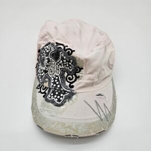 BKE Pink Distressed Baseball Cap Rhinestone Cross Bling Logo Adjustable Strap